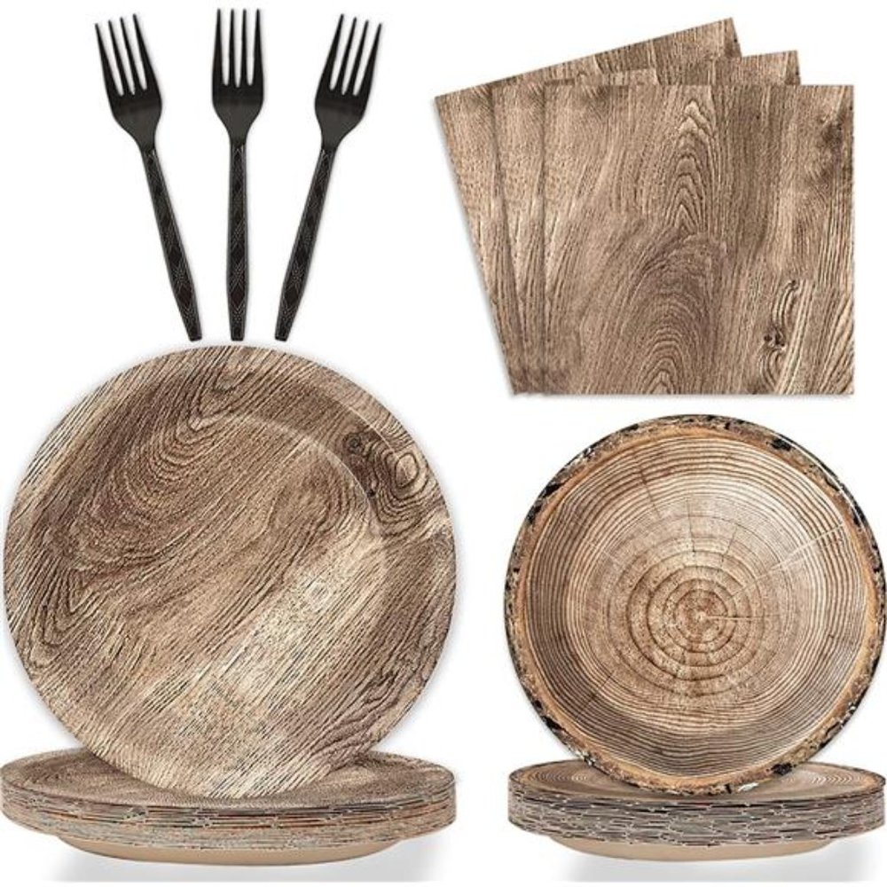 96Pcs Rustic Wooden Tree Party Supplies TablewareSet Lumberjack Party Decoration